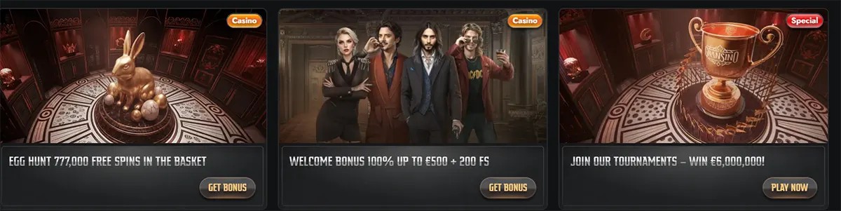 Casino promotions cards featuring an egg hunt free spins offer, a welcome bonus of 100% up to €500 plus 200 free spins, and a tournament promotion with a €6,000,000 prize pool.