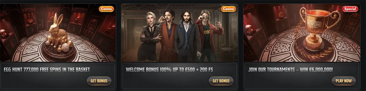 Casino promotions cards featuring an egg hunt free spins offer, a welcome bonus of 100% up to €500 plus 200 free spins, and a tournament promotion with a €6,000,000 prize pool.