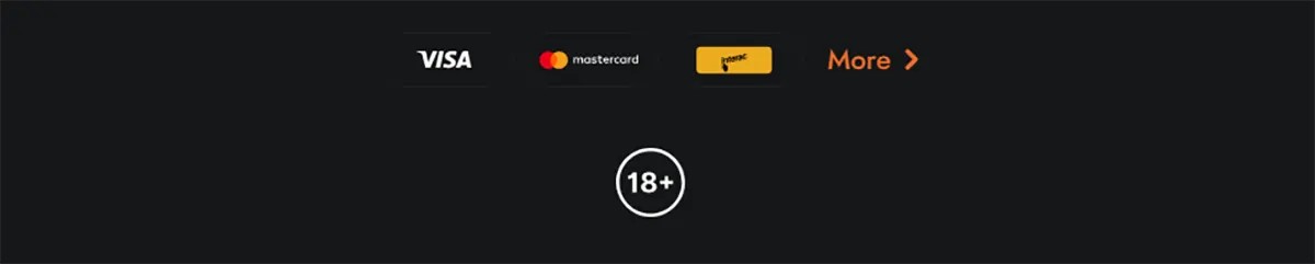 Casino footer with Visa, Mastercard, and Maestro payment icons, an orange “More” link, and an 18+ badge on a dark background.