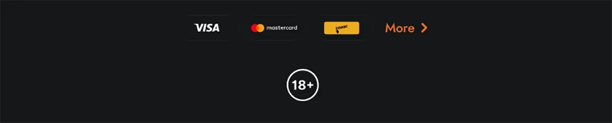 Casino footer with Visa, Mastercard, and Maestro payment icons, an orange “More” link, and an 18+ badge on a dark background.