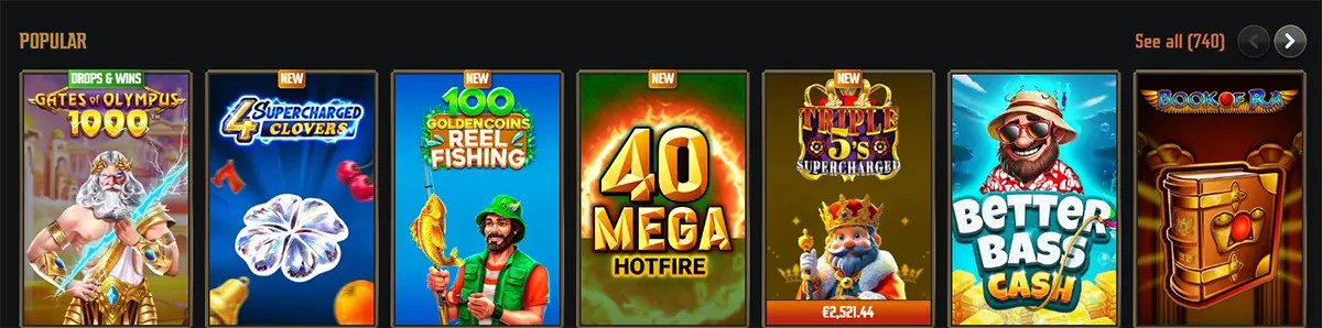 Popular slot games section with colorful game thumbnails, “New” labels, a “See all” link, and navigation arrows on a dark casino interface.
