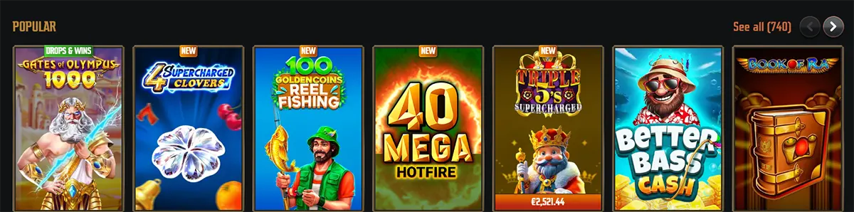 Popular slot games section with colorful game thumbnails, “New” labels, a “See all” link, and navigation arrows on a dark casino interface.
