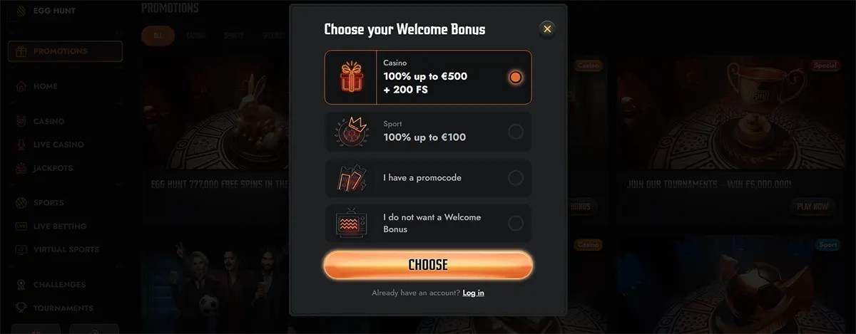 Casino welcome bonus selection popup with casino and sport offers, a promo code option, a no-bonus choice, and a glowing orange choose button on a dark gaming interface.