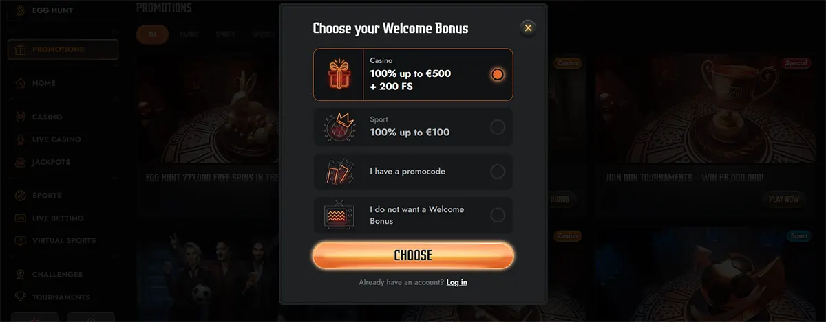 Casino welcome bonus selection popup with casino and sport offers, a promo code option, a no-bonus choice, and a glowing orange choose button on a dark gaming interface.
